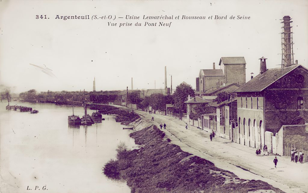 Vintage photograph of industrial Argenteuil beside the Seine, showing factories, chimneys and riverside buildings similar to those painted by Claude Monet in the 1870s.